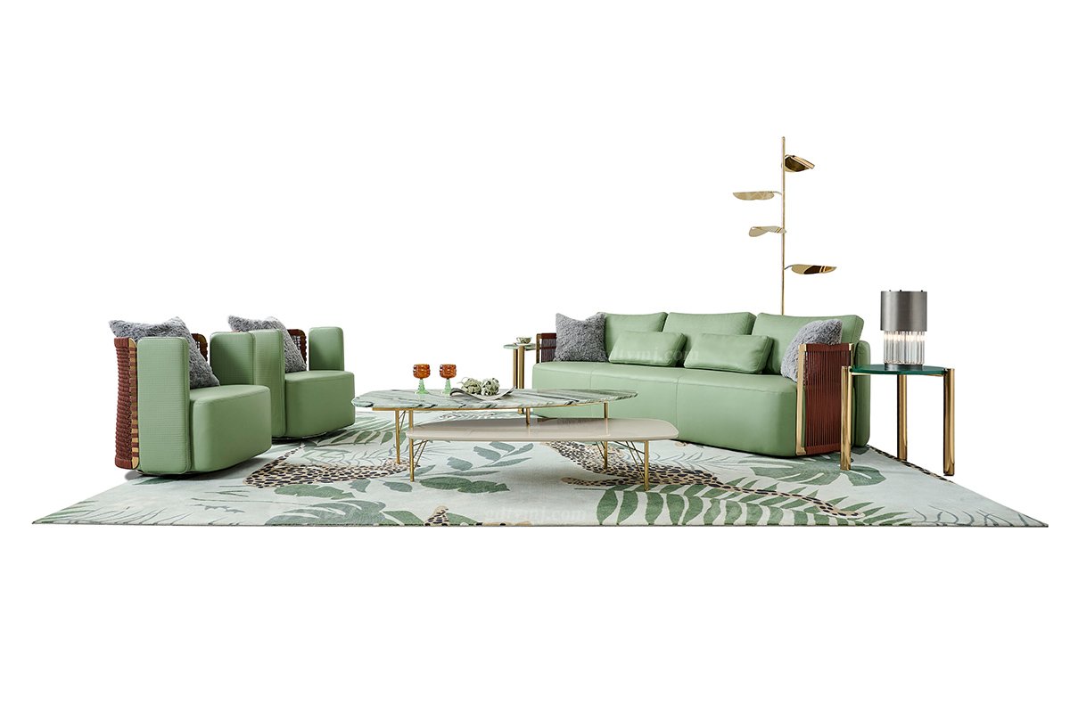 意式輕奢家具高端別墅會所家用時尚舒適綠色皮藝三位沙發(fā)FB125SF3場景