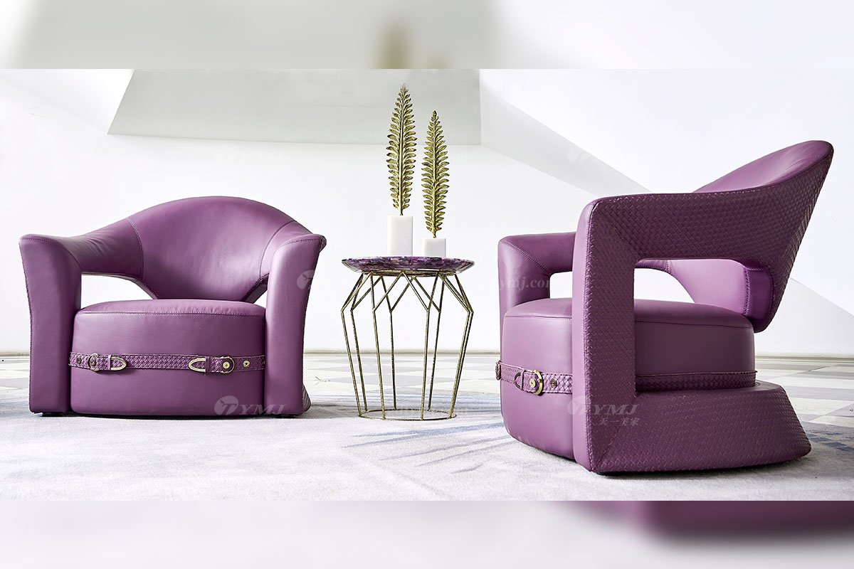 意式輕奢家具高端別墅會(huì)所大宅家用時(shí)尚舒適紫色全真皮單位沙發(fā)休閑椅FB126CH場景