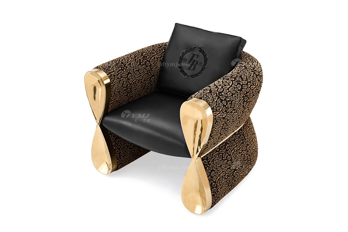 意式輕奢家具高端別墅會所大宅家用時尚大氣皮布藝+鈦金屬單位沙發(fā)休閑椅FB132CH（1）