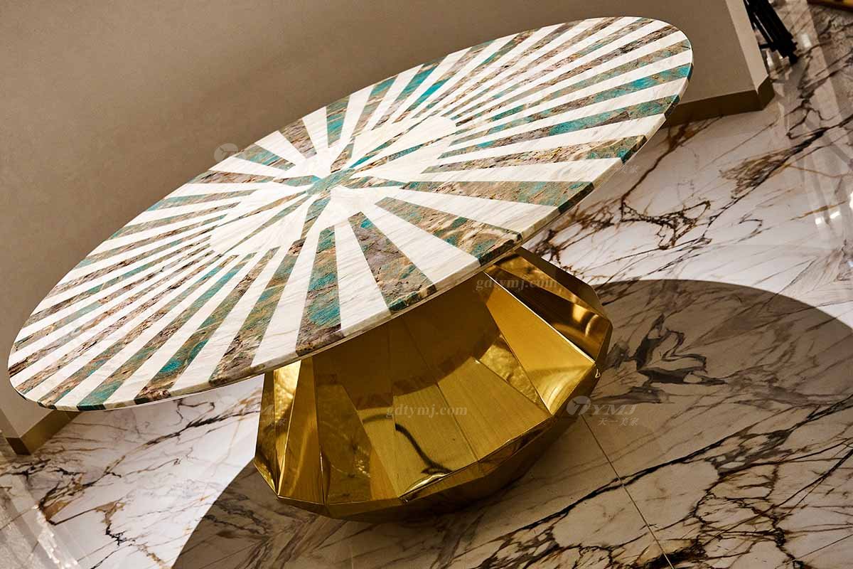 意式輕奢家具高端別墅會(huì)所大宅家用奢華大氣1.6米雙拼大理石+鈦金屬圓餐臺(tái)FB135D25RM場(chǎng)景