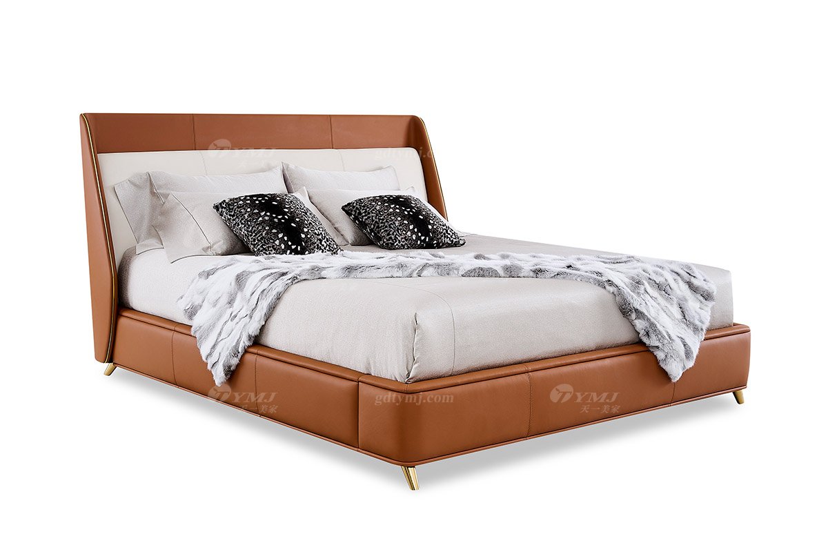 意式輕奢家具高端別墅會(huì)所大宅家用時(shí)尚奢華鈦金屬橙色真皮1.8米大床118B21M床1