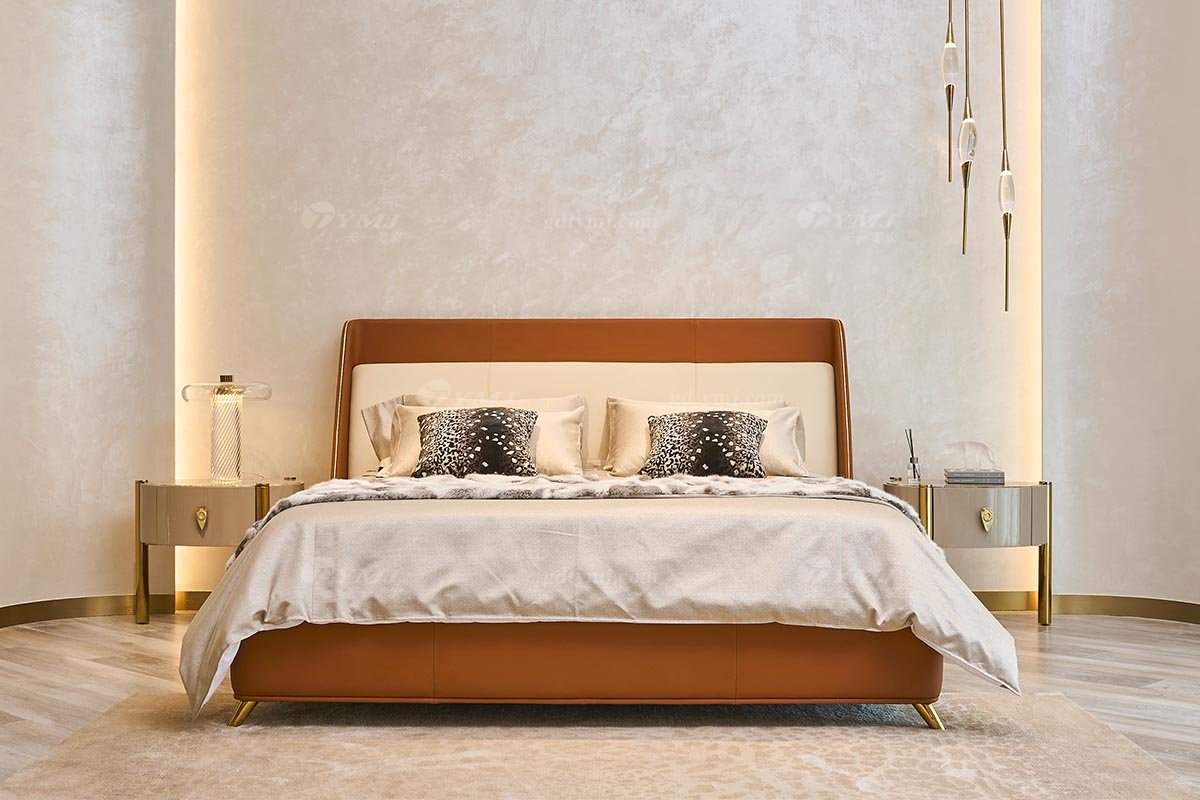 意式輕奢家具高端別墅會(huì)所大宅家用時(shí)尚奢華鈦金屬橙色真皮1.8米大床118B21M床3
