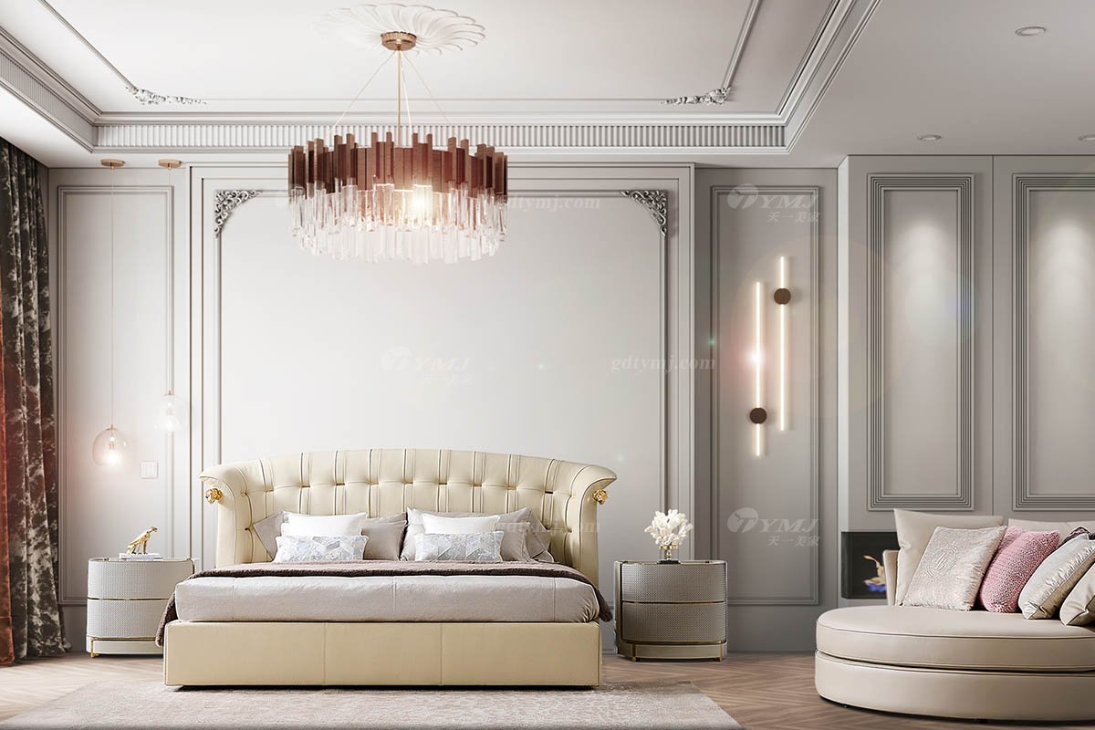 意式輕奢家具高端別墅會(huì)所豪宅家用時(shí)尚奢華米色真皮大床123B21M床2