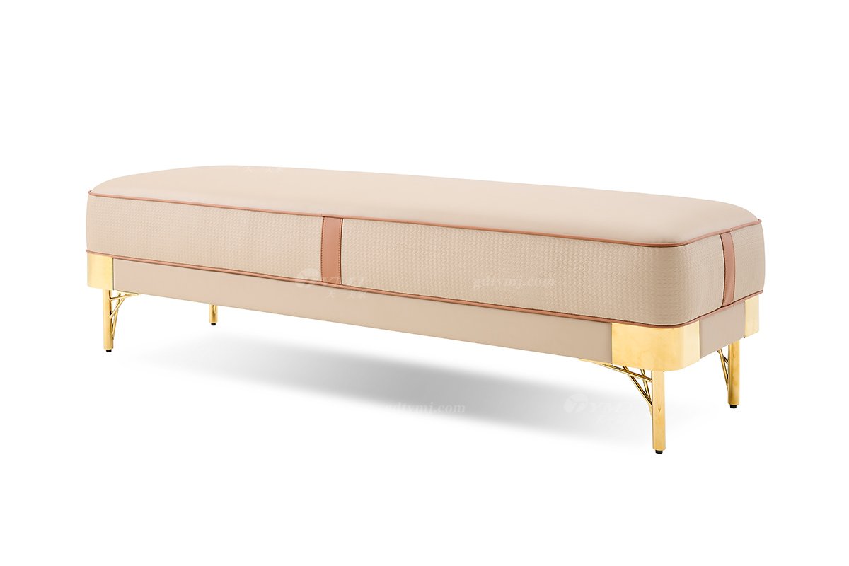 意式輕奢家具高端別墅會所豪宅家用時尚奢華不銹鋼鏡面金屬米黃色床尾凳118B18床尾凳1